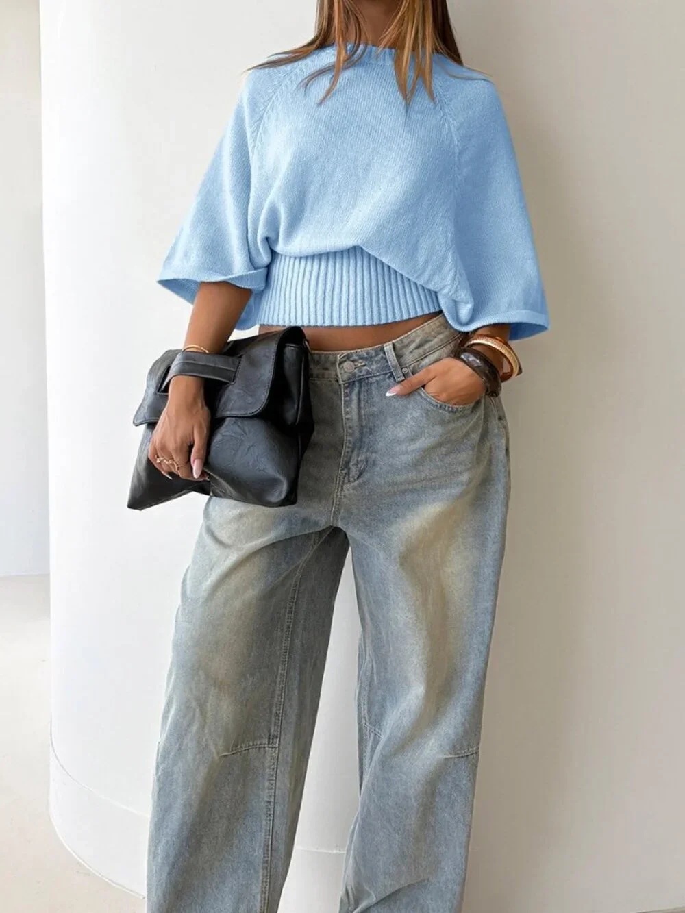 Baby Blue Casual Women's All Over Print Rib-Knit Round Neck Slim Fit Pullovers